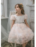 Short Sleeves Pink Dotted Tulle V Back Flower Girl Dress